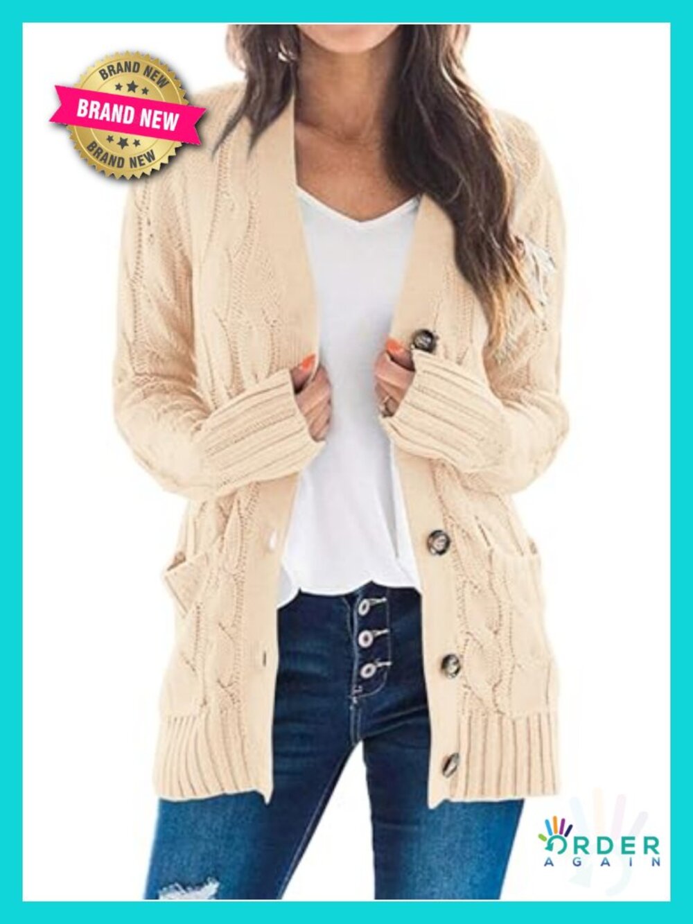 Chunky Cable Knit Button Down Cardigan Sweater Long Sleeve Cozy Fall